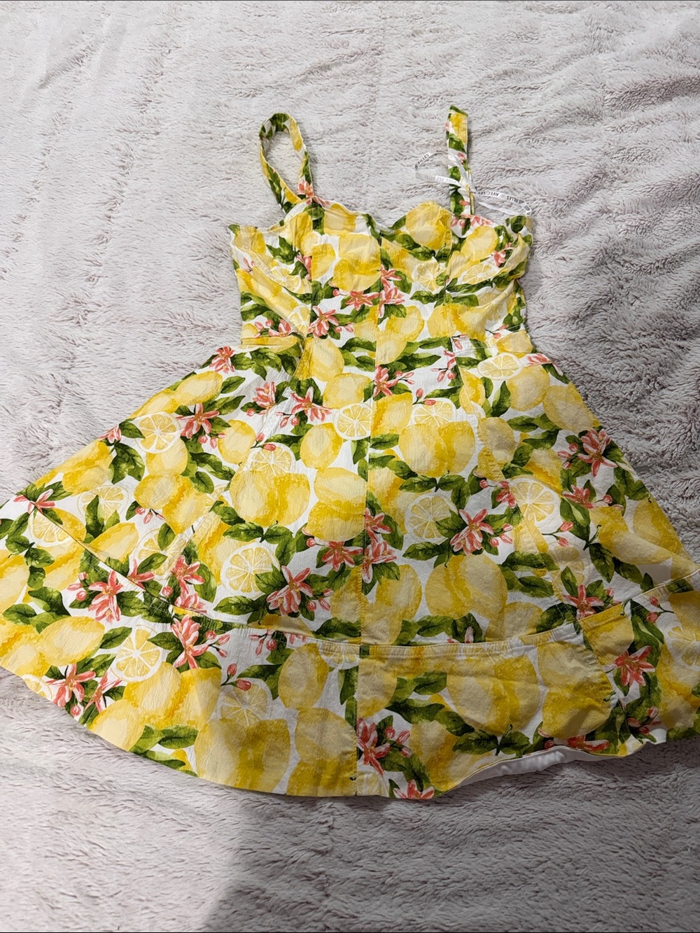 Avec Les Filles Yellow Lemon Print Sundress with Pink Floral Accents